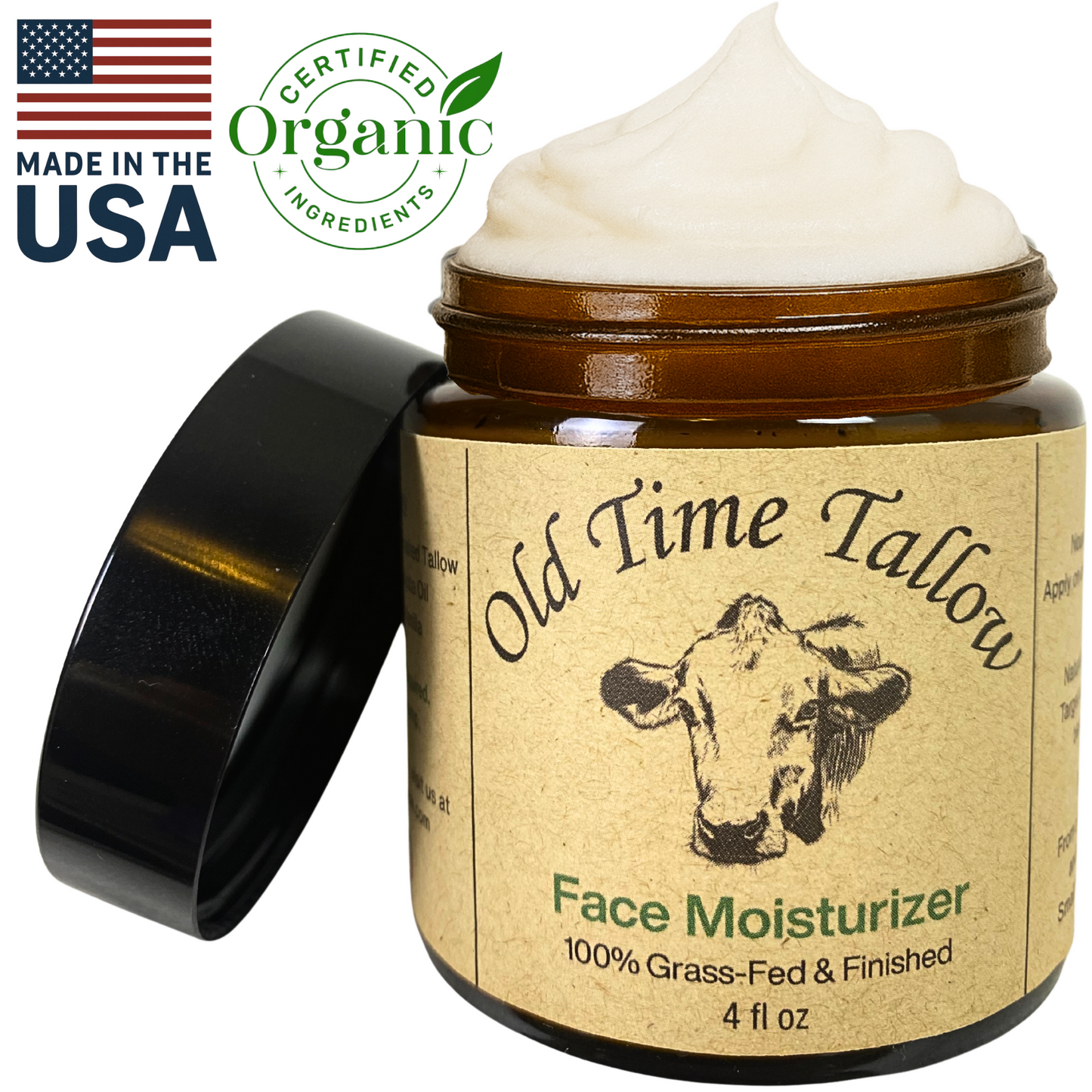 4oz amber glass jar of organic tallow face moisturizer with whipped texture, made from grass-fed beef tallow, jojoba oil, and vanilla
