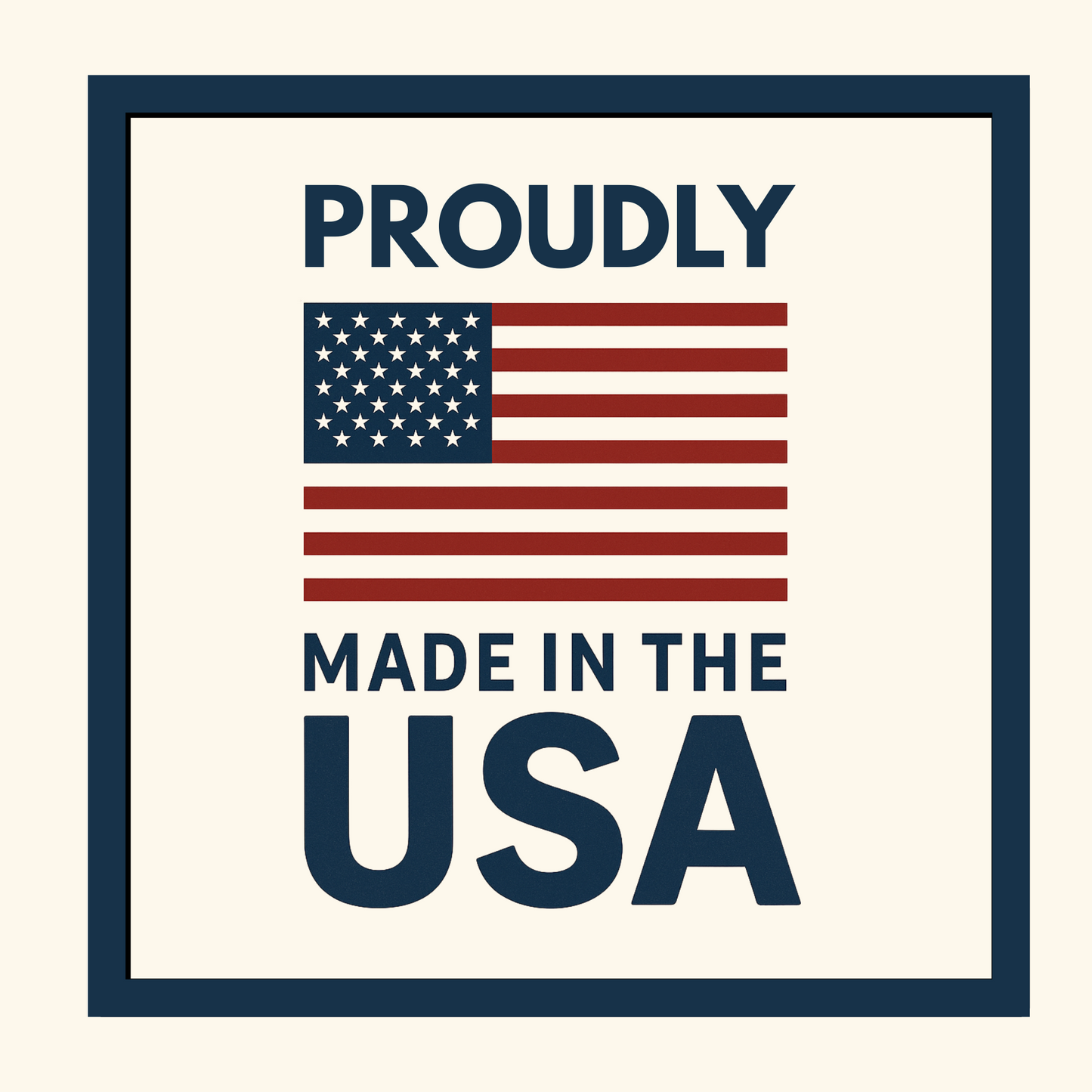 Proudly made in the USA patriotic product badge with American flag inside a square border